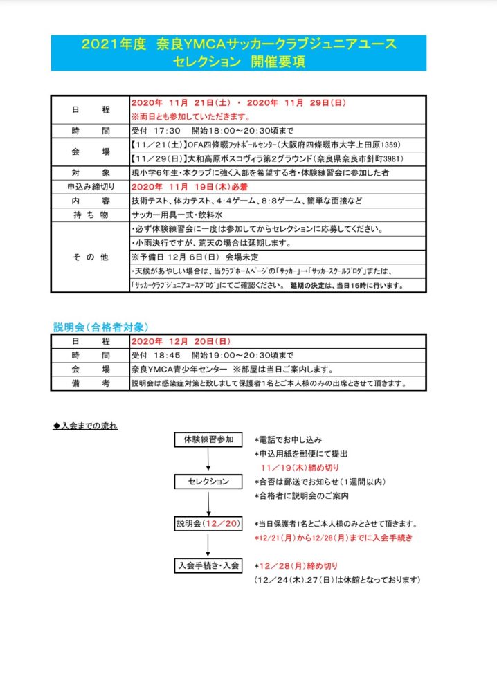 ２０２１年度 新中学１年生 ジュニアユース セレクション 開催要項 公益財団法人 奈良ymca